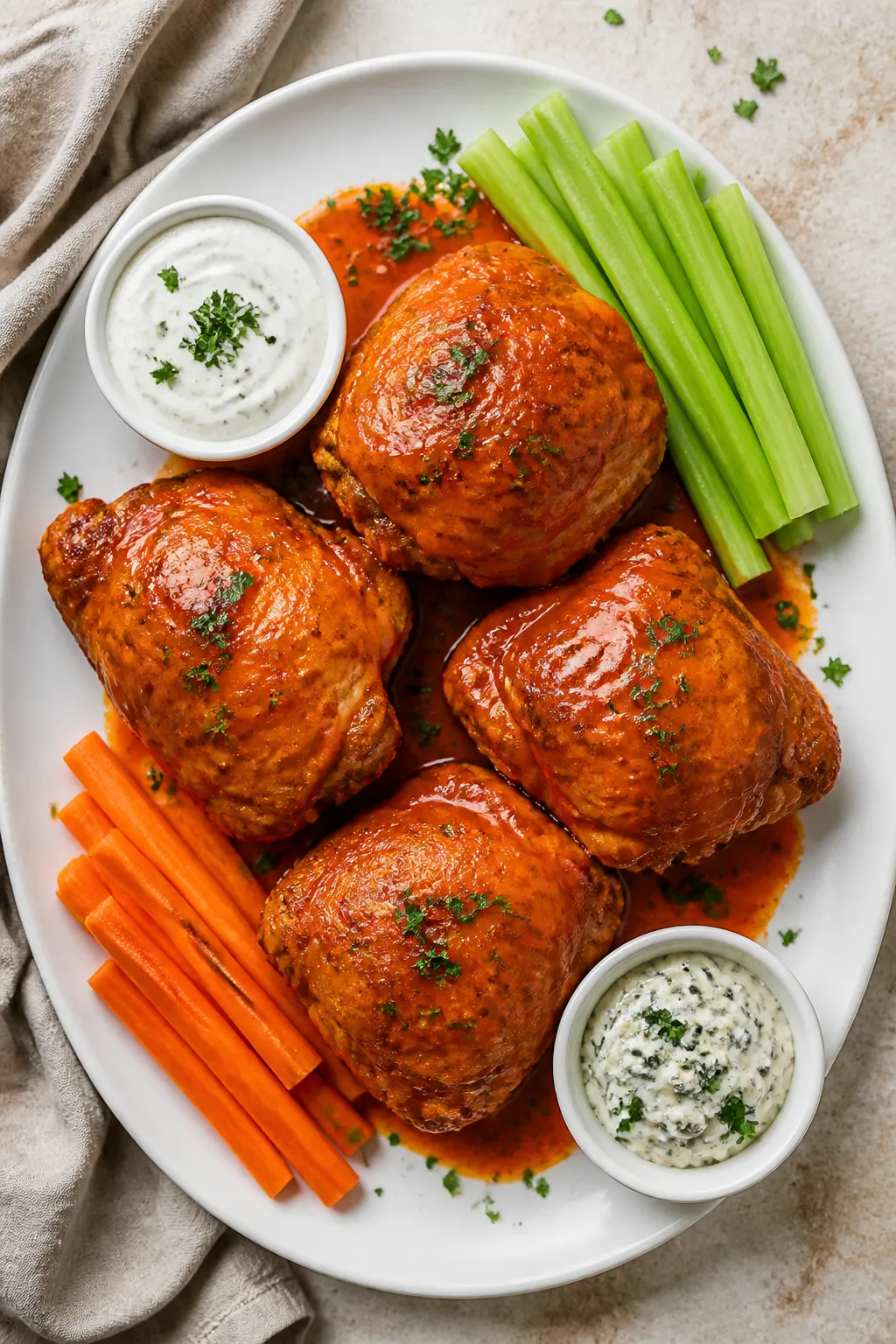 Tasty top view: Overhead shot of four buffalo chicken thighs tossed in a buttery, tangy sauce, poole