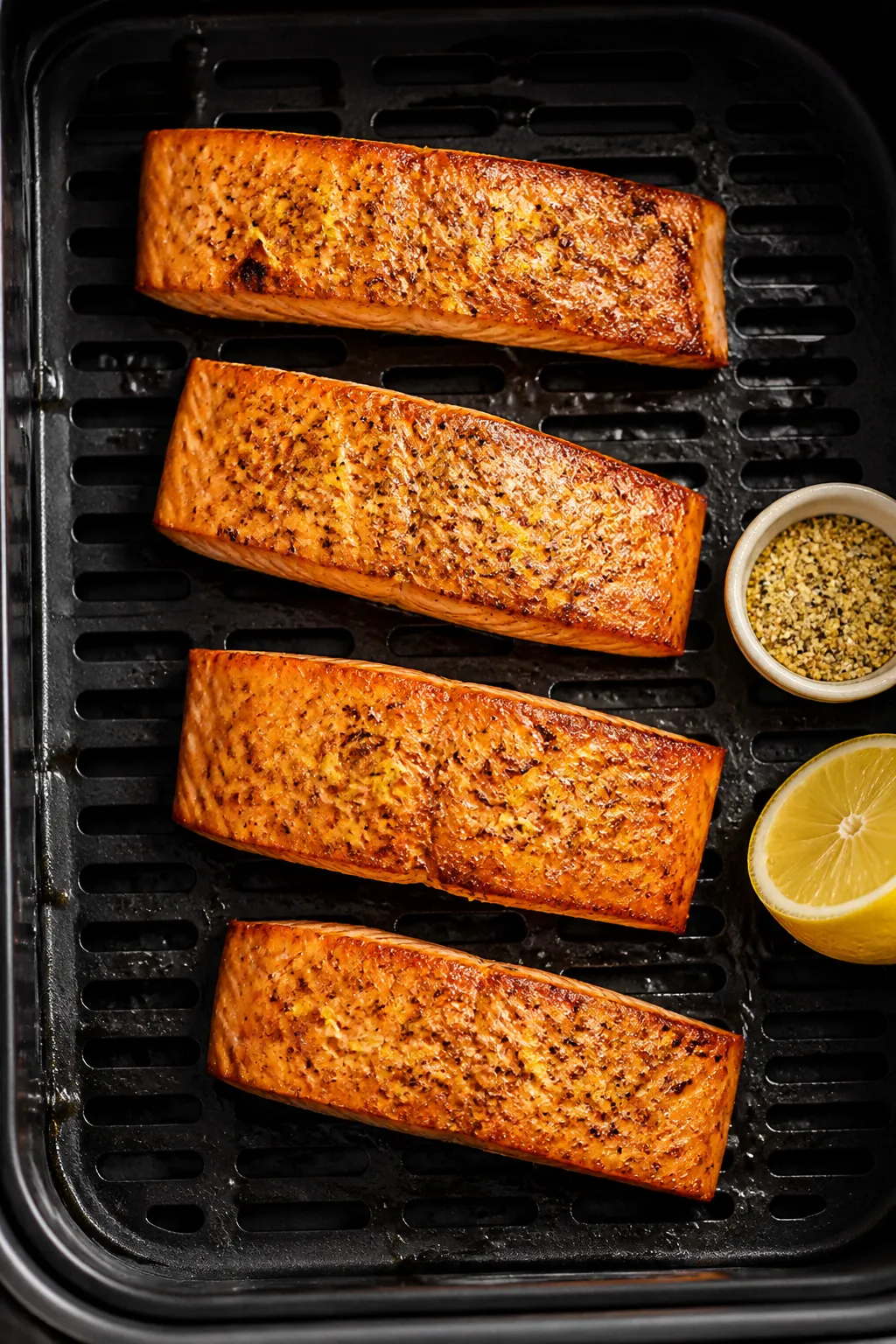 Tasty top view: Overhead shot of four cooked salmon fillets arranged with space between on the air f