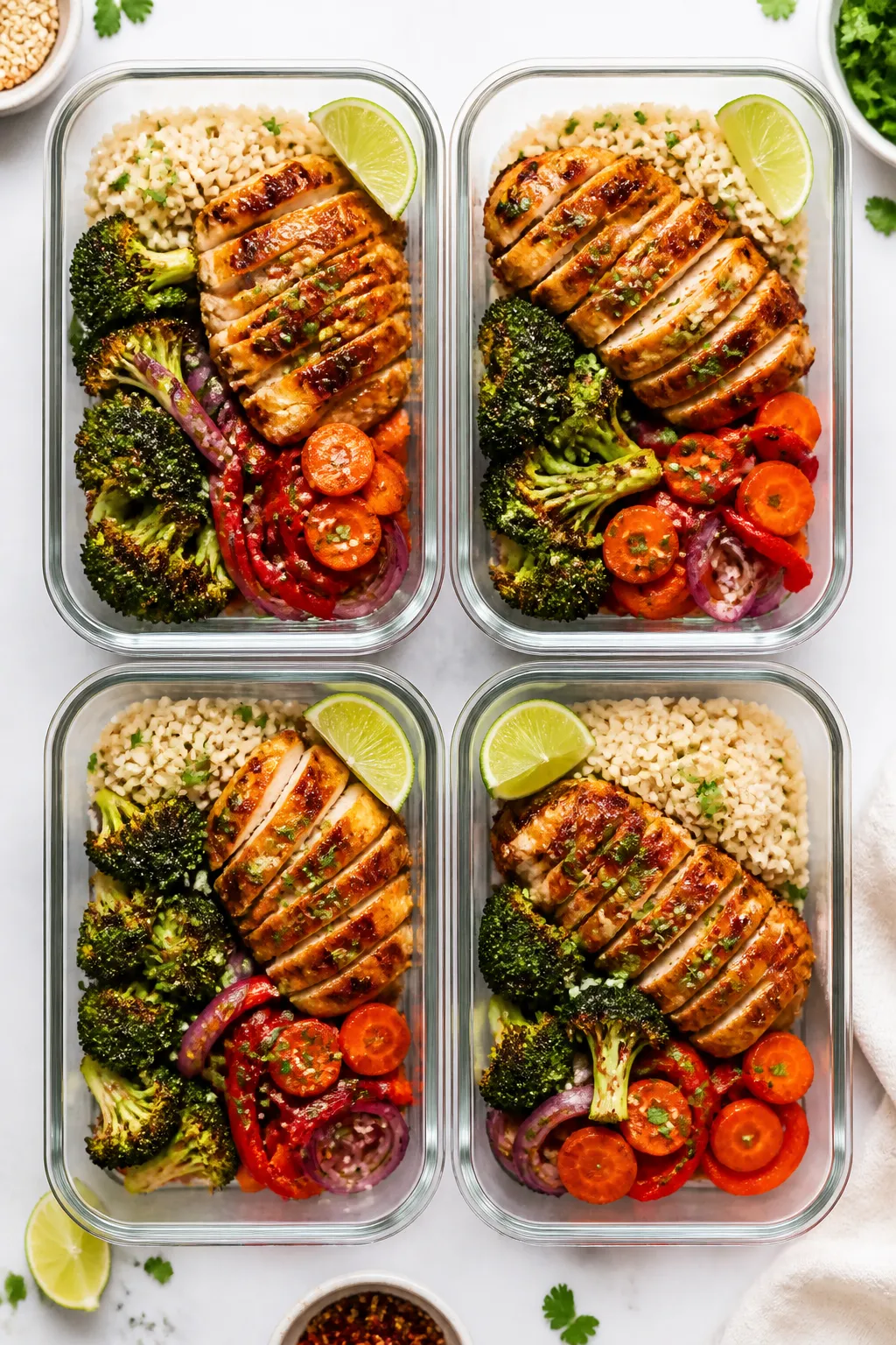 Tasty top view: Overhead shot of four meal prep containers neatly assembled with a base of fluffy br