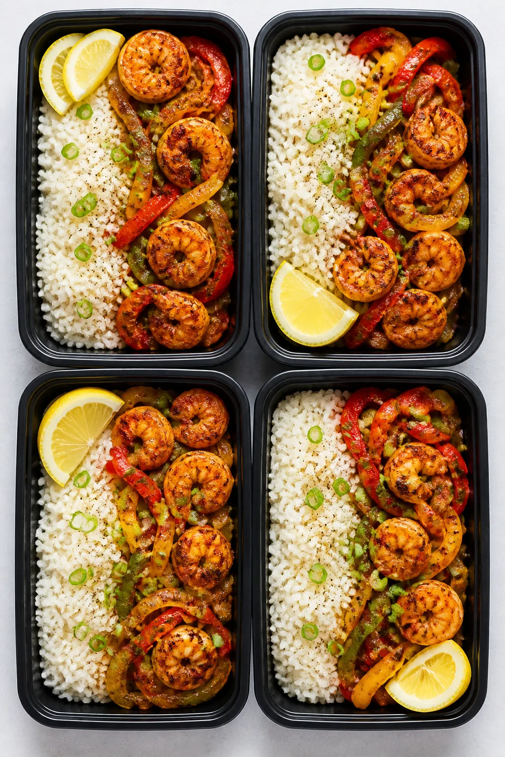 Tasty top view: Overhead shot of four neat meal-prep containers arranged grid-style, each divided wi