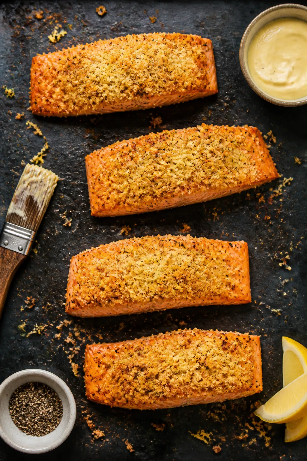 Tasty top view: Overhead shot of four salmon fillets arranged with space between on a dark slate or 