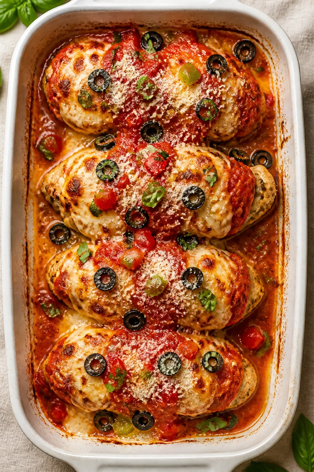 Tasty top view: Overhead shot of freshly baked low carb pizza stuffed chicken breasts in a white bak