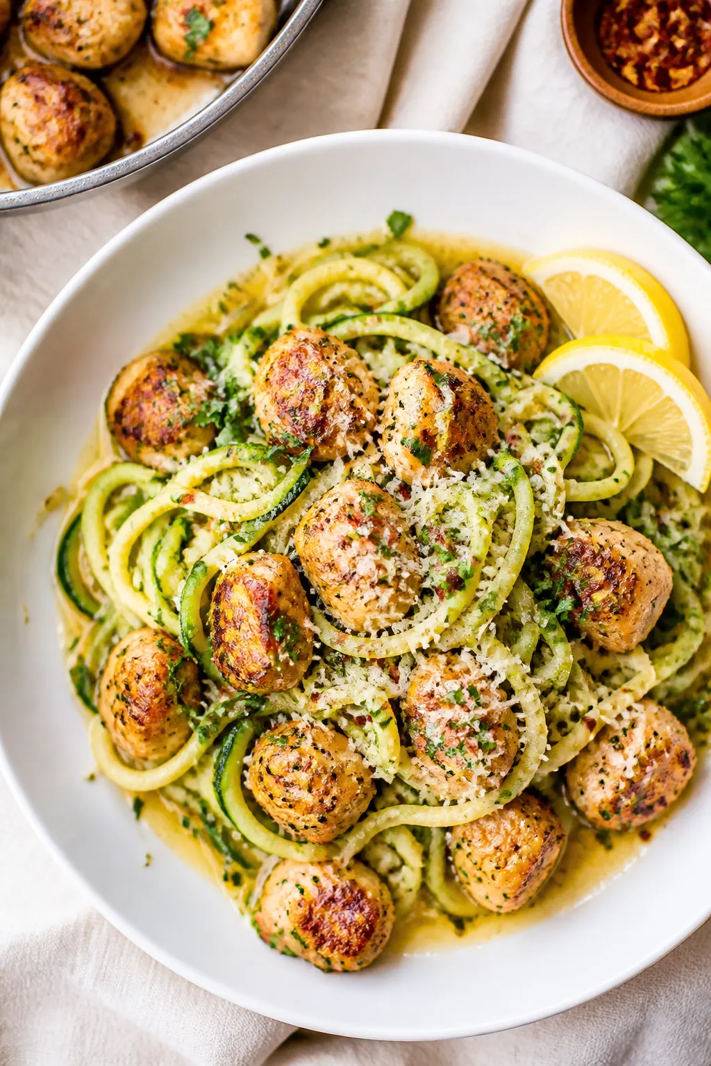 Tasty top view: Overhead shot of garlic butter chicken bites tossed with tender-crisp zucchini noodl