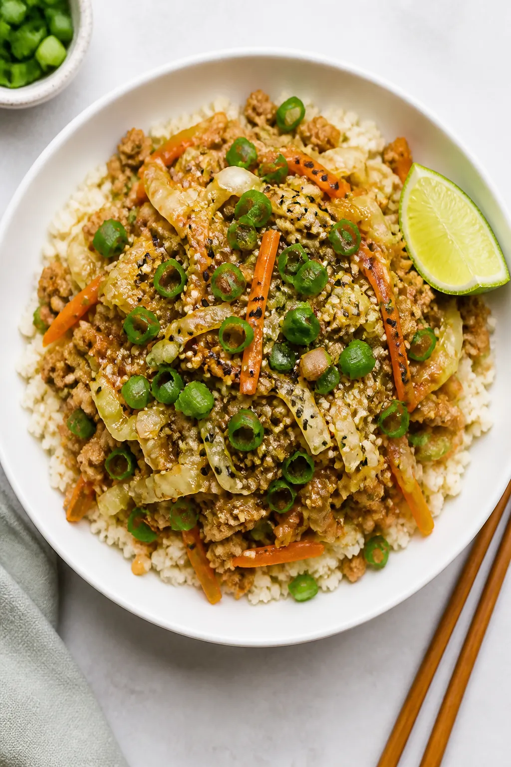 Tasty top view: Overhead shot of Healthy Egg Roll in a Bowl served over fluffy cauliflower rice in a