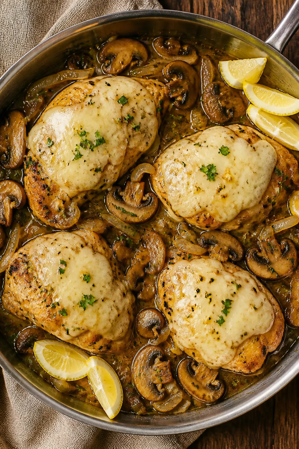 Tasty top view: Overhead shot of Healthy Mushroom Swiss Chicken finished in the pan—four chicken b