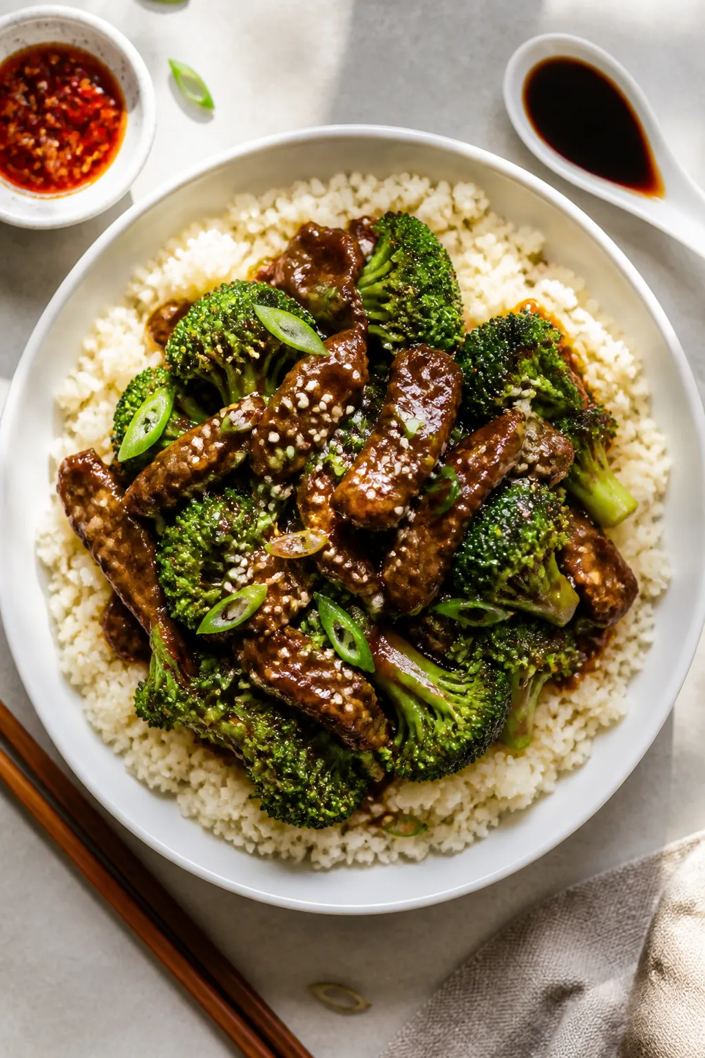 Tasty top view: Overhead shot of Low Carb Beef and Broccoli Stir Fry served over fluffy cauliflower 