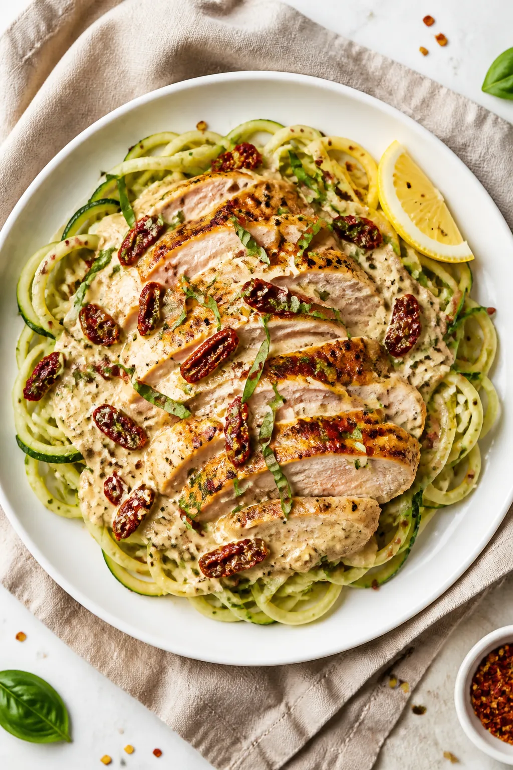 Tasty top view: Overhead shot of Low Carb Marry Me Chicken plated with zucchini noodles; chicken sli