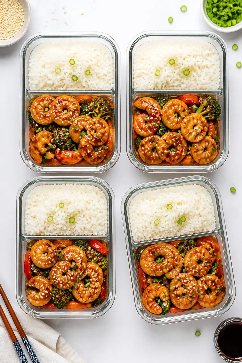Tasty top view: Overhead shot of meal prep assembly—four divided containers filled with fluffy jas