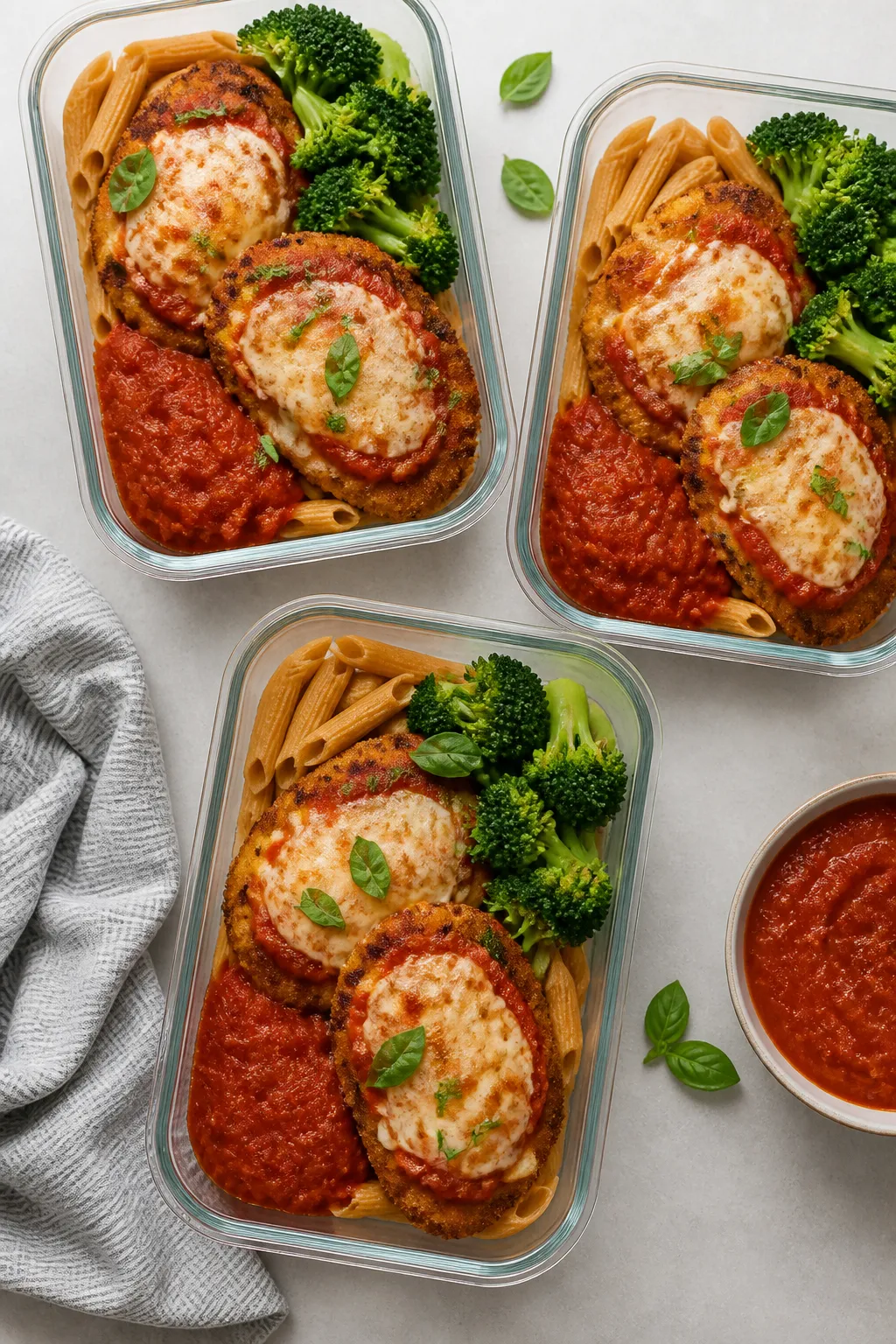 Tasty top view: Overhead shot of meal-prep containers neatly assembled—one section with whole-whea