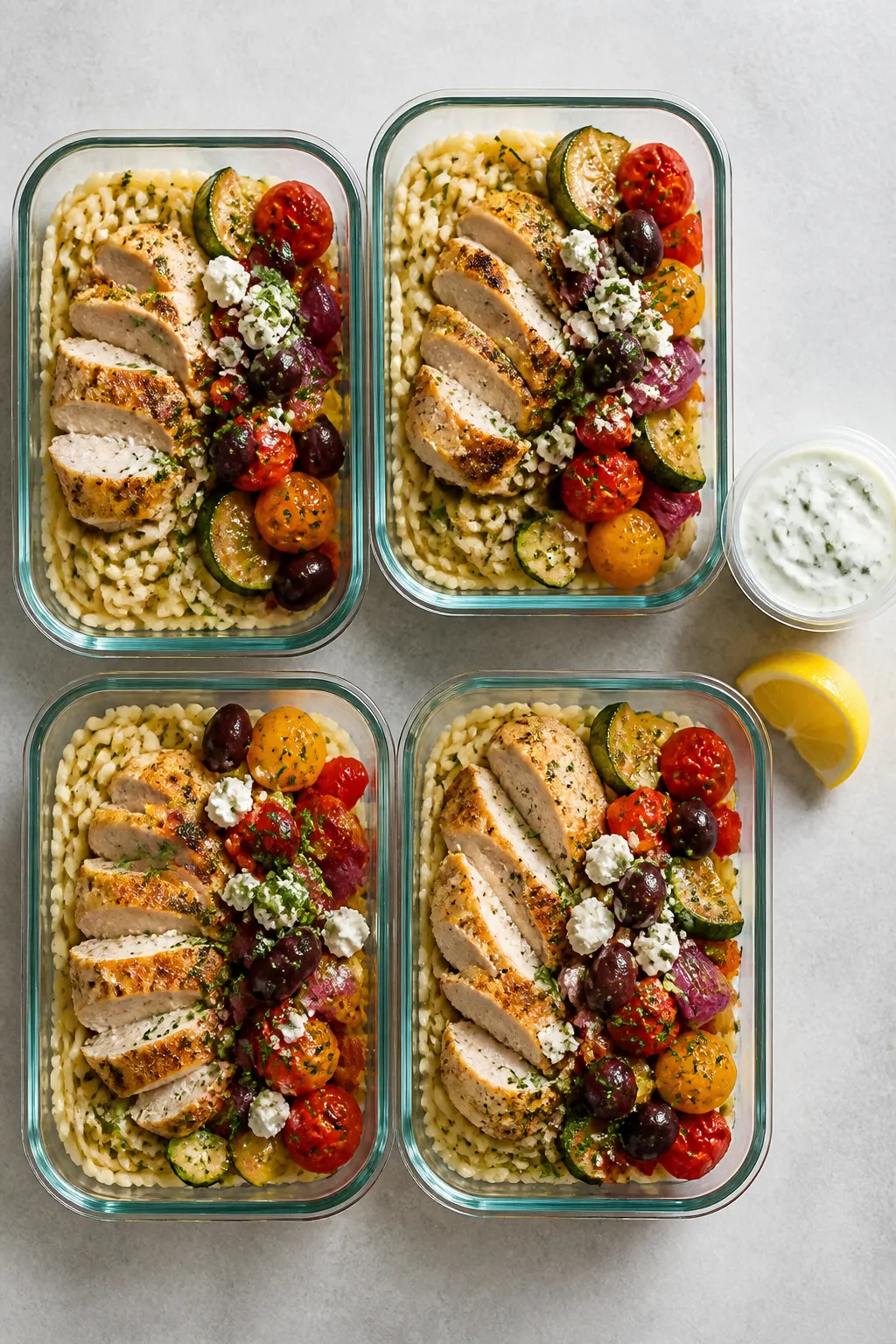 Tasty top view: Overhead shot of meal prep containers neatly arranged, each with a base of fluffy or