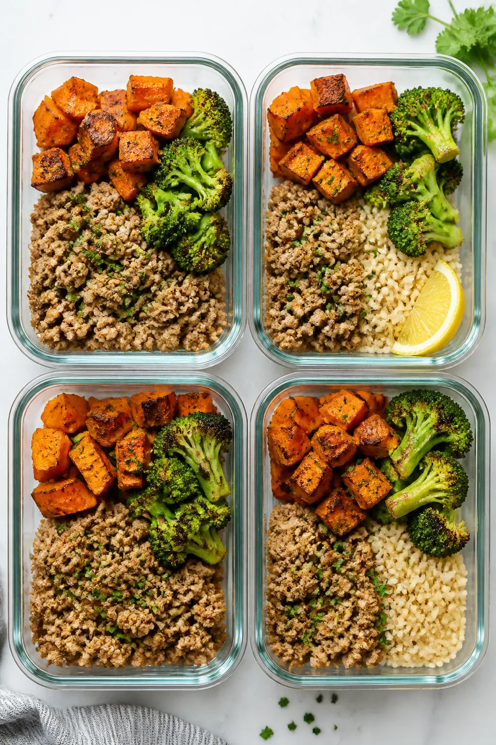 Tasty top view: Overhead shot of meal prep containers neatly portioned with roasted sweet potato cub