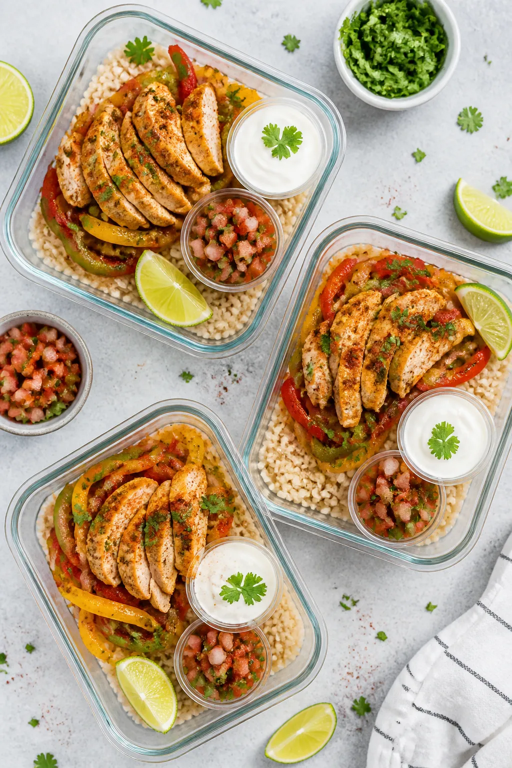 Tasty top view: Overhead shot of meal-prep containers neatly portioned with brown rice base (3/4–1