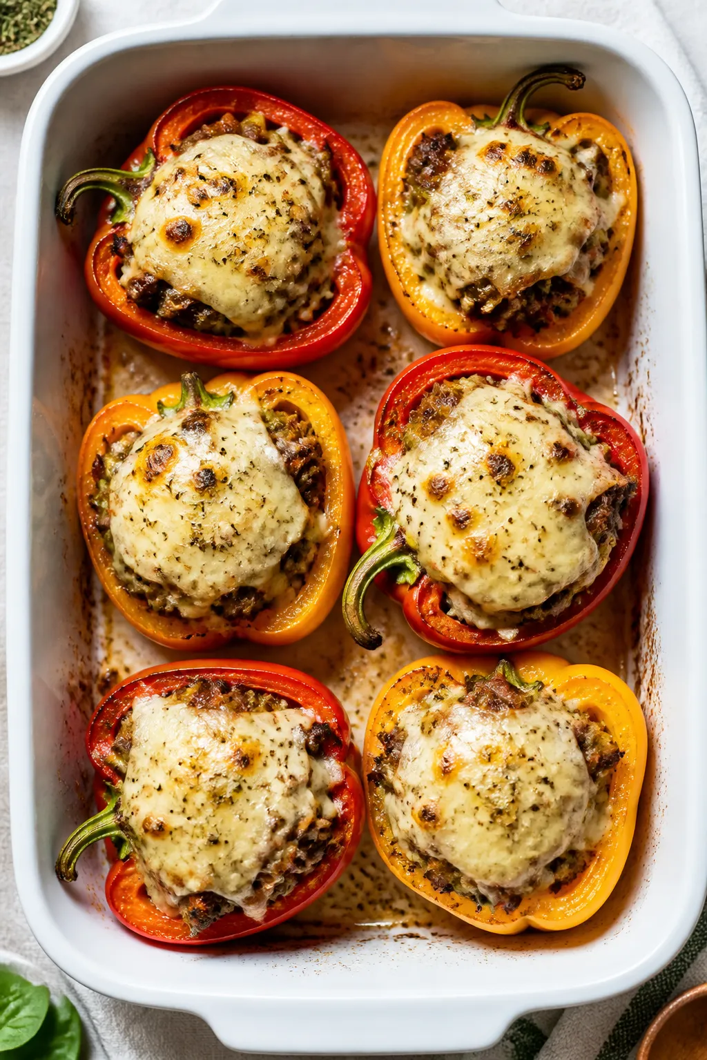 Tasty top view: Overhead shot of par-roasted bell pepper halves stuffed with the steak-and-veg mixtu