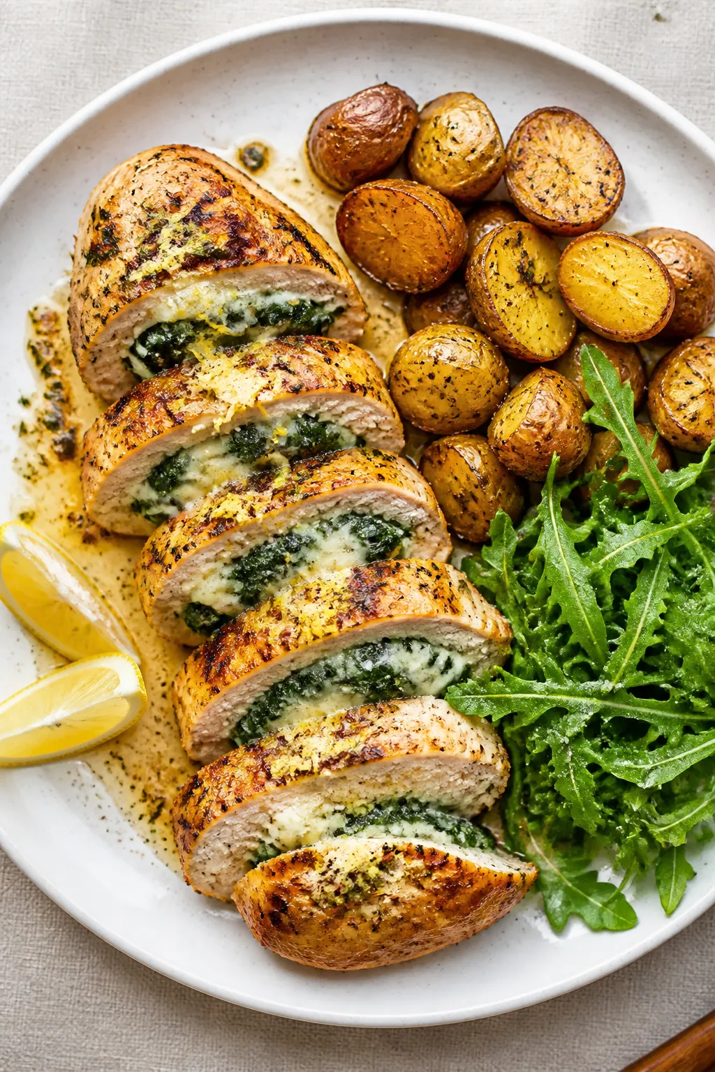 Tasty top view: Overhead shot of sliced Creamy Spinach Stuffed Chicken fanned on a white ceramic pla