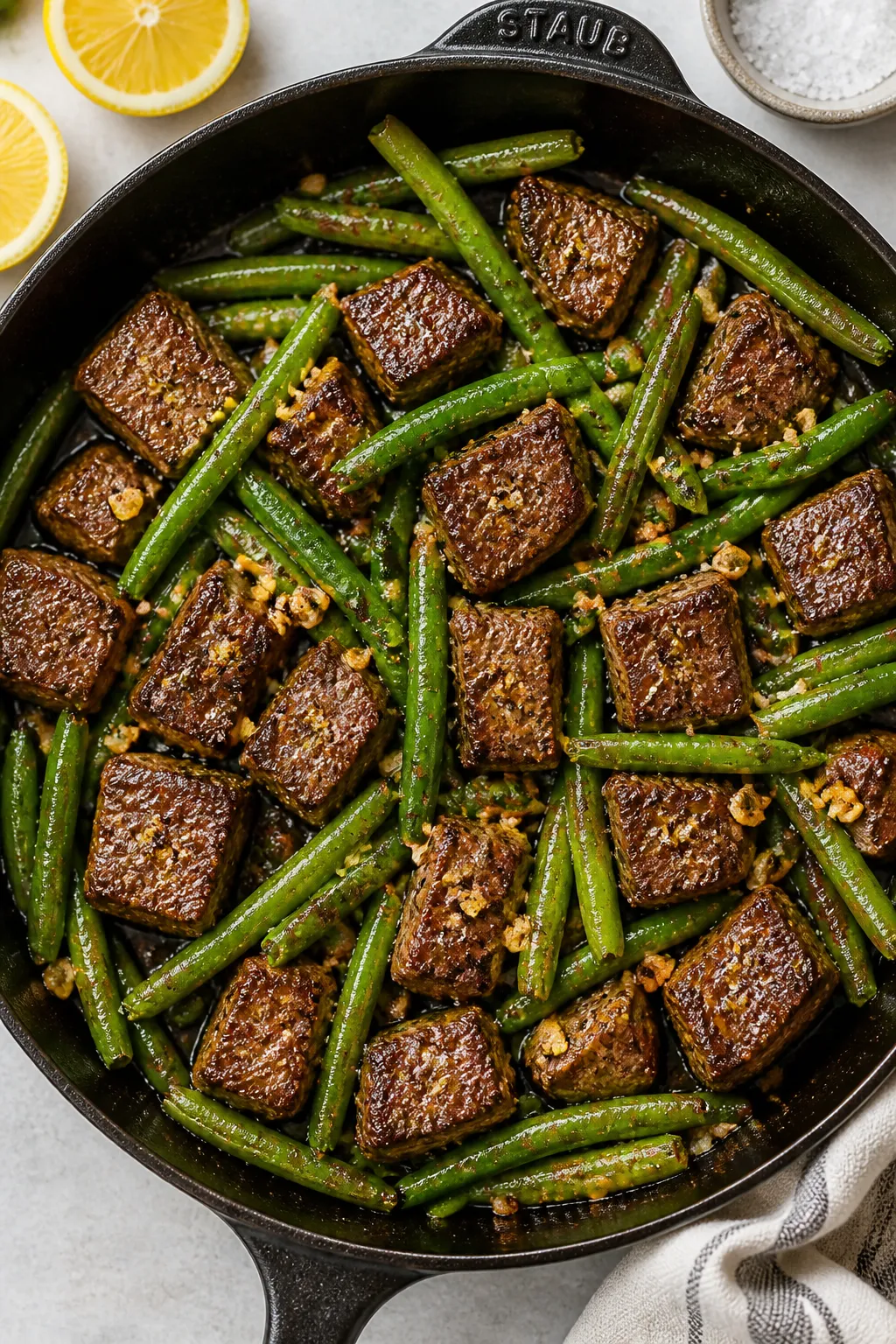 Tasty top view: Overhead shot of the completed skillet dinner in a black cast-iron pan, evenly distr