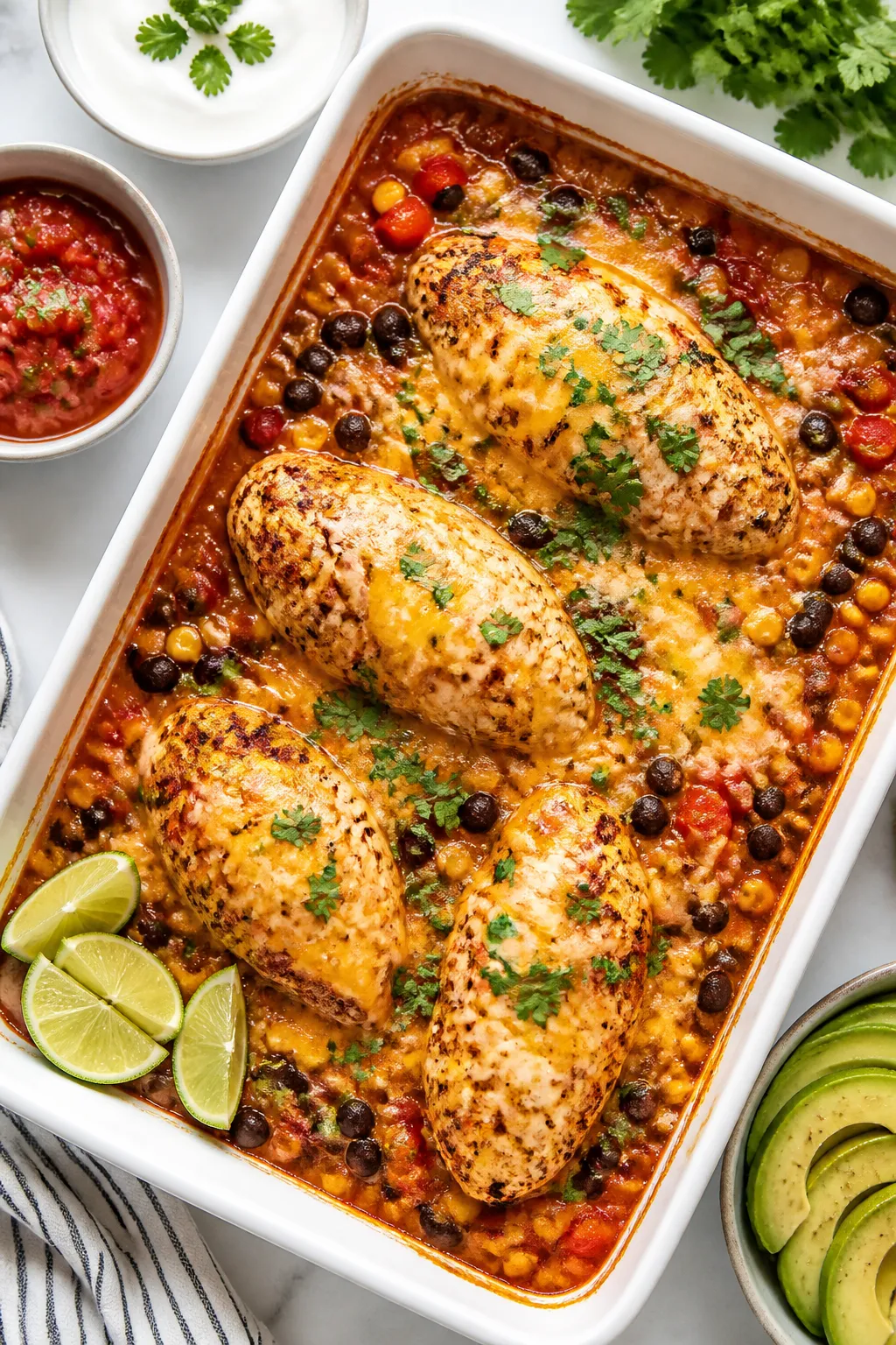Tasty top view: Overhead shot of the Healthy Mexican Chicken Bake straight from the oven in a 9x13 w