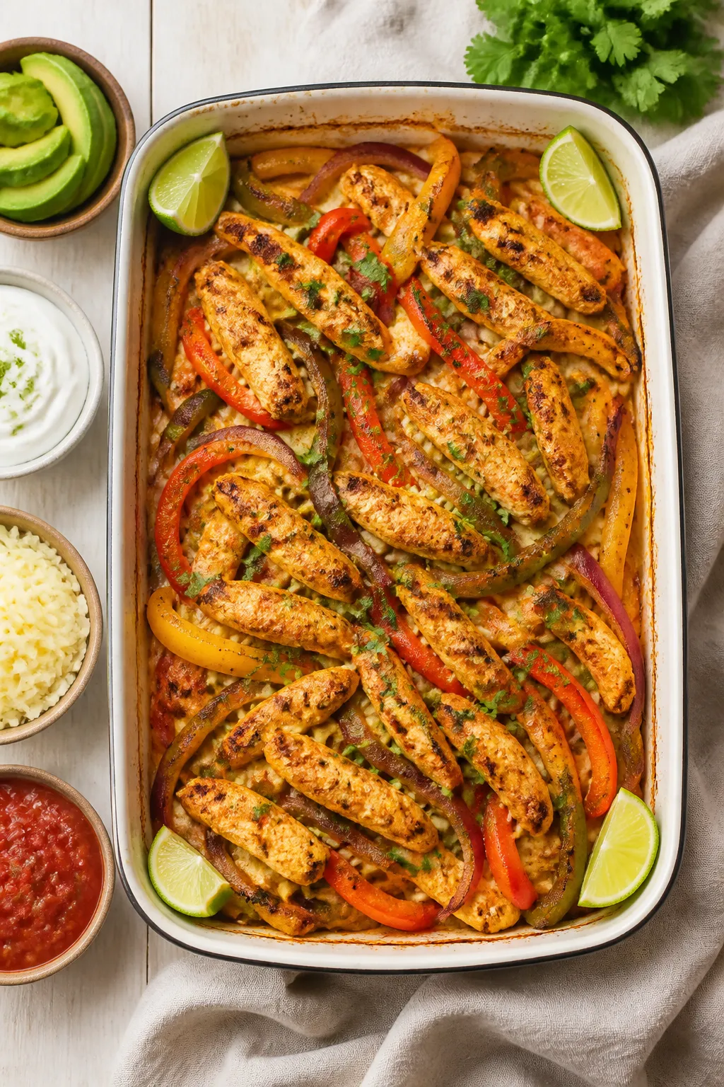 Tasty top view: Overhead shot of the Low Carb Chicken Fajita Bake served family-style in a 9x13 baki