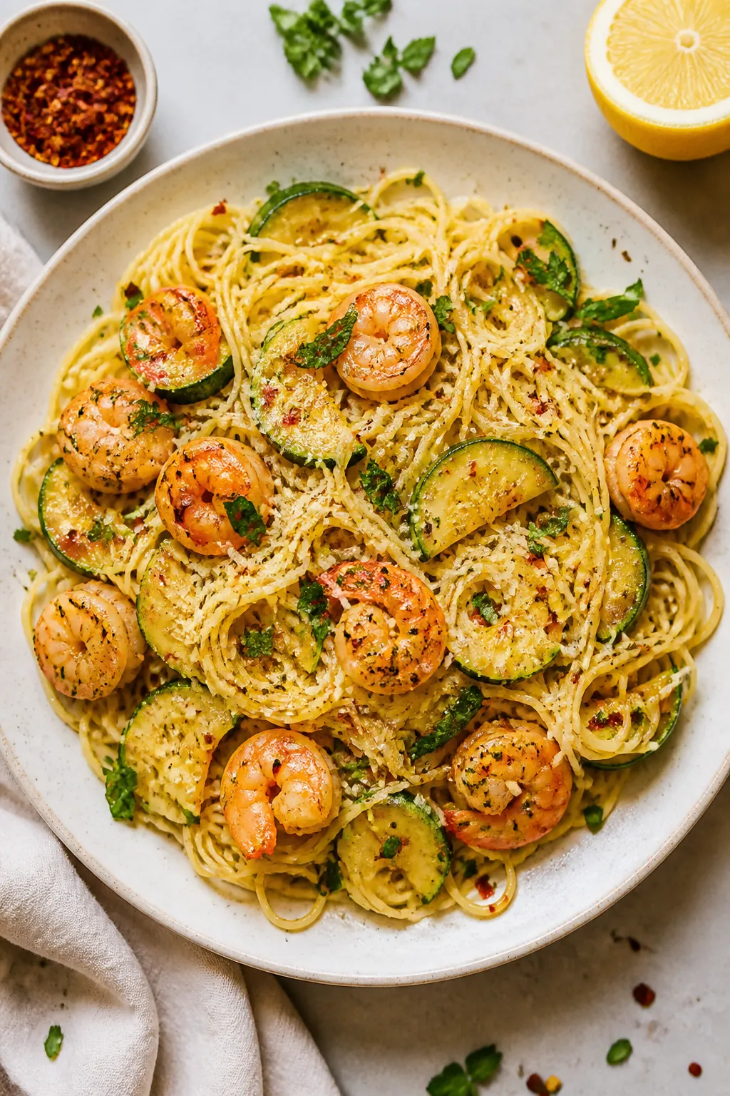Tasty top view, overhead shot: Overhead of the final dish tossed with al dente angel hair pasta, str