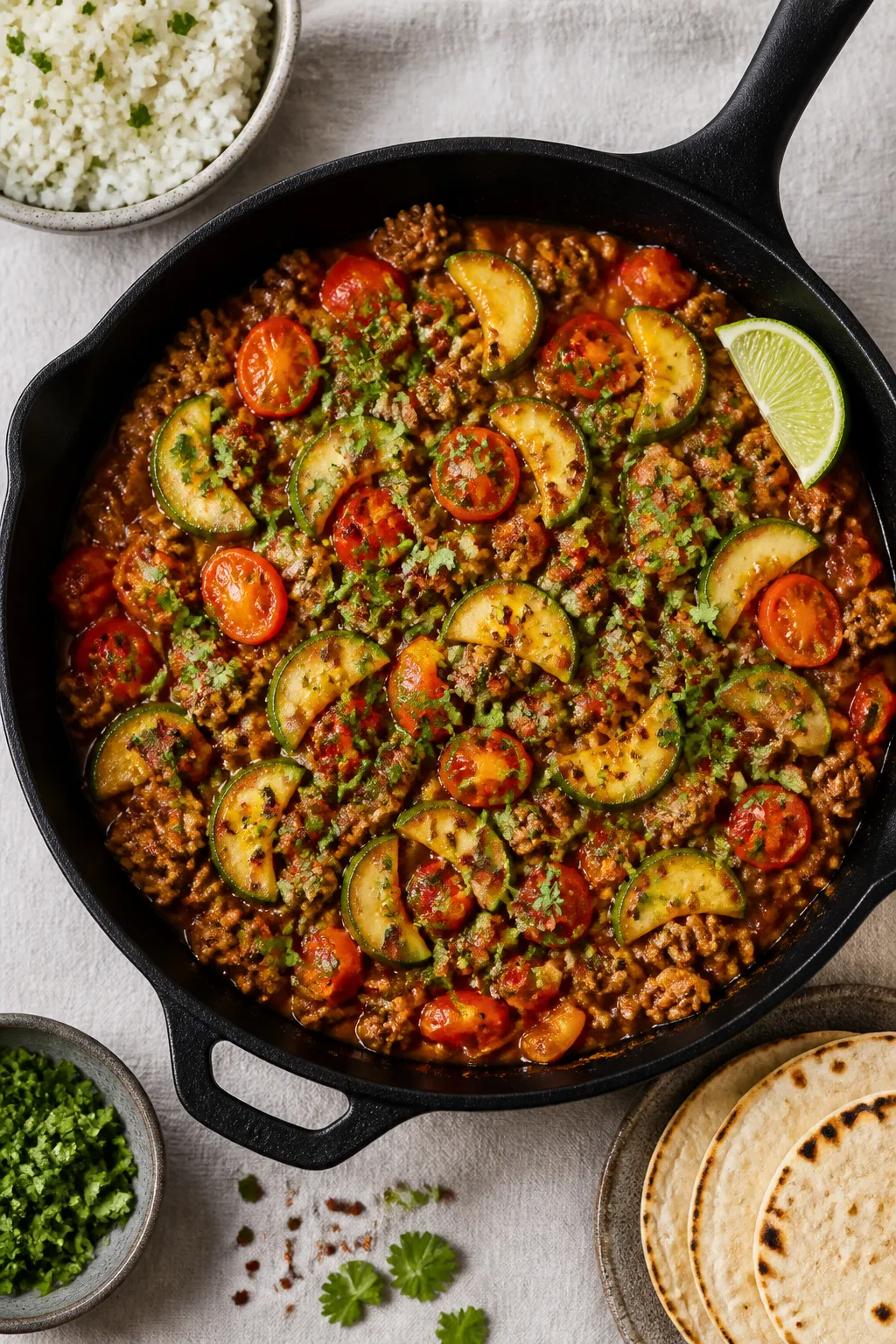 Tasty top view, overhead skillet shot: Healthy Ground Beef and Zucchini Skillet finished and ready t