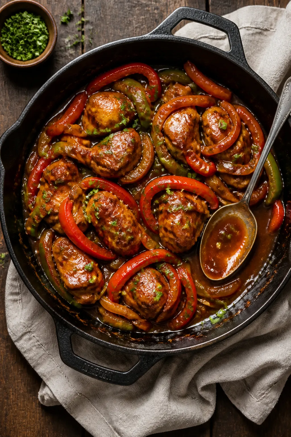 Tasty top view — Skillet-to-table: Overhead shot of the finished Low Carb BBQ Chicken Skillet in t